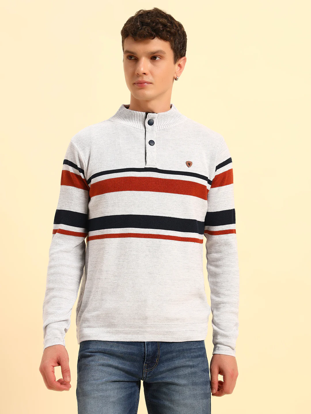 Sweater for Men | Winter Wear Acrylic Fabric Button Closure Mock Neck Regular Fit Striped Pattern - Image 4