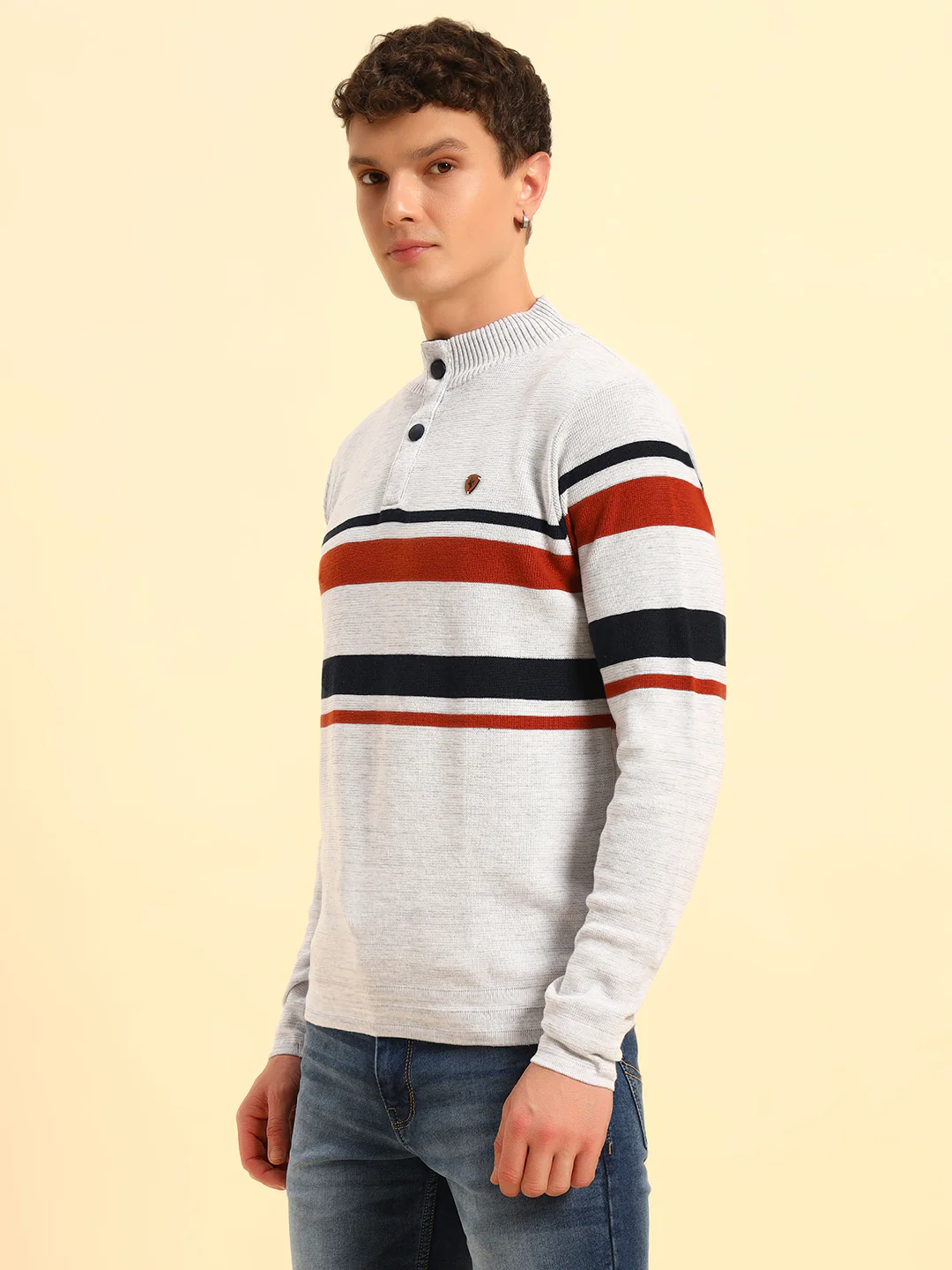 Sweater for Men | Winter Wear Acrylic Fabric Button Closure Mock Neck Regular Fit Striped Pattern - Image 5