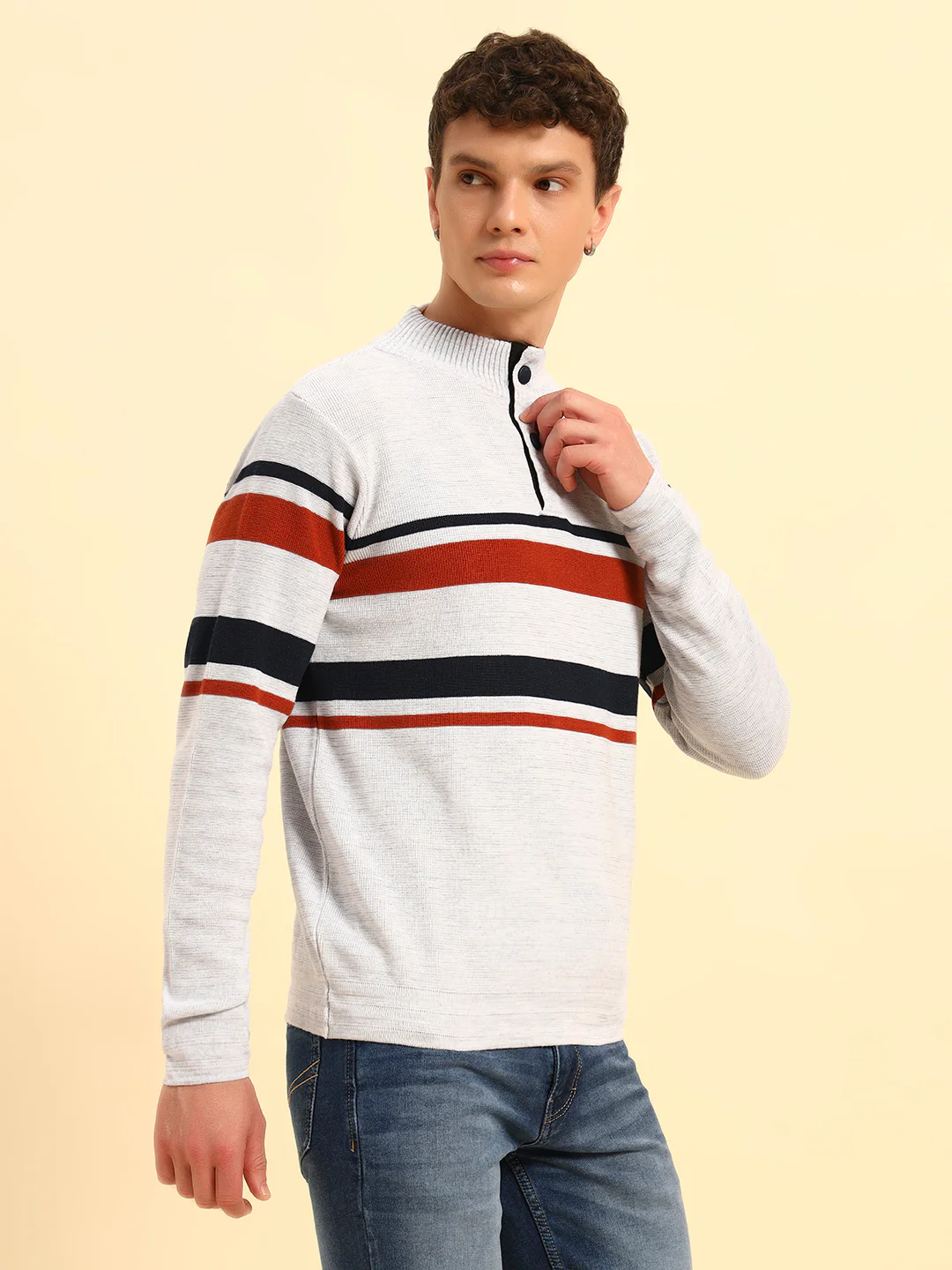 Sweater for Men | Winter Wear Acrylic Fabric Button Closure Mock Neck Regular Fit Striped Pattern - Image 6