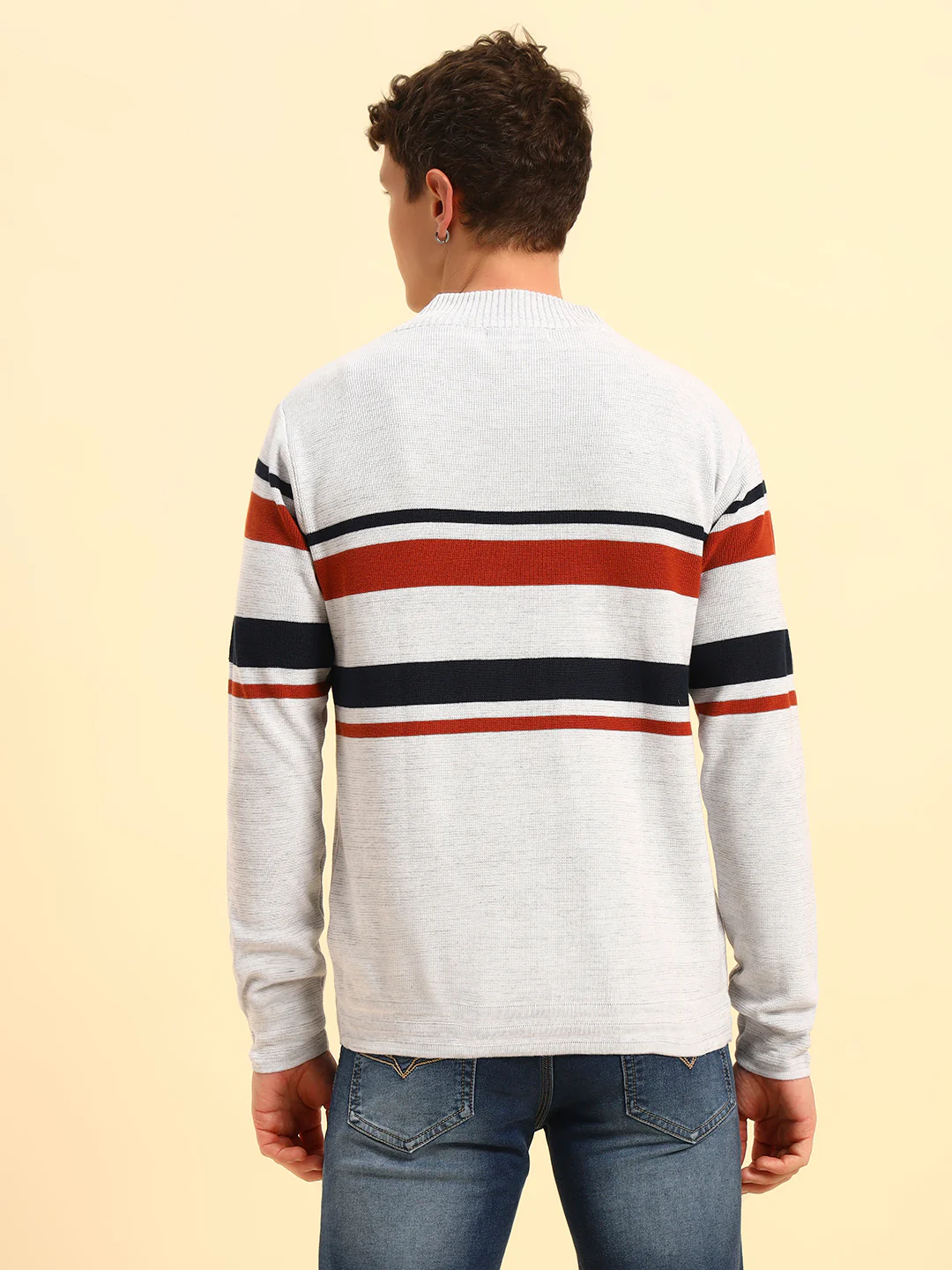 Sweater for Men | Winter Wear Acrylic Fabric Button Closure Mock Neck Regular Fit Striped Pattern - Image 7