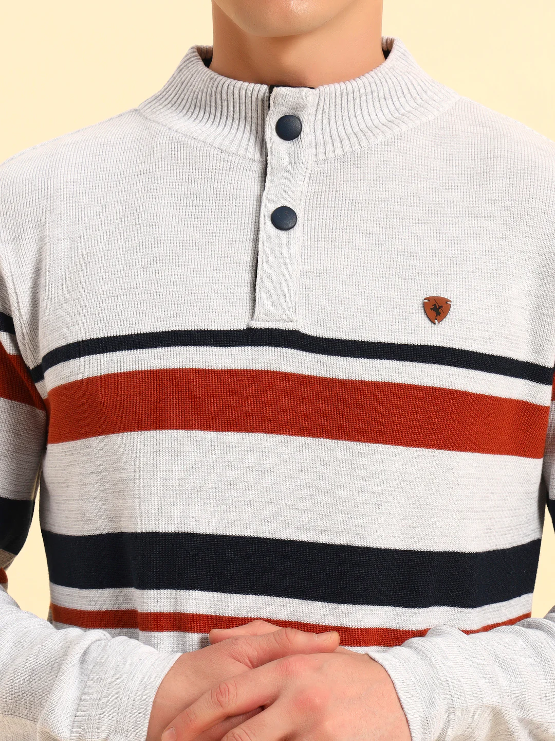 Sweater for Men | Winter Wear Acrylic Fabric Button Closure Mock Neck Regular Fit Striped Pattern - Image 8