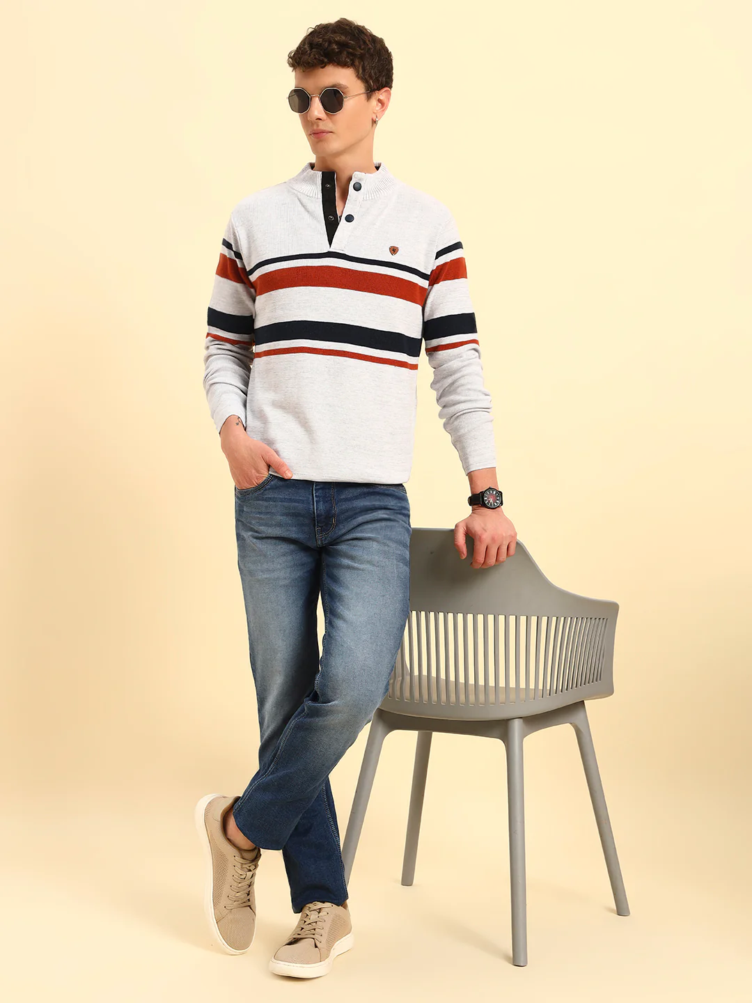 Sweater for Men | Winter Wear Acrylic Fabric Button Closure Mock Neck Regular Fit Striped Pattern - Image 9
