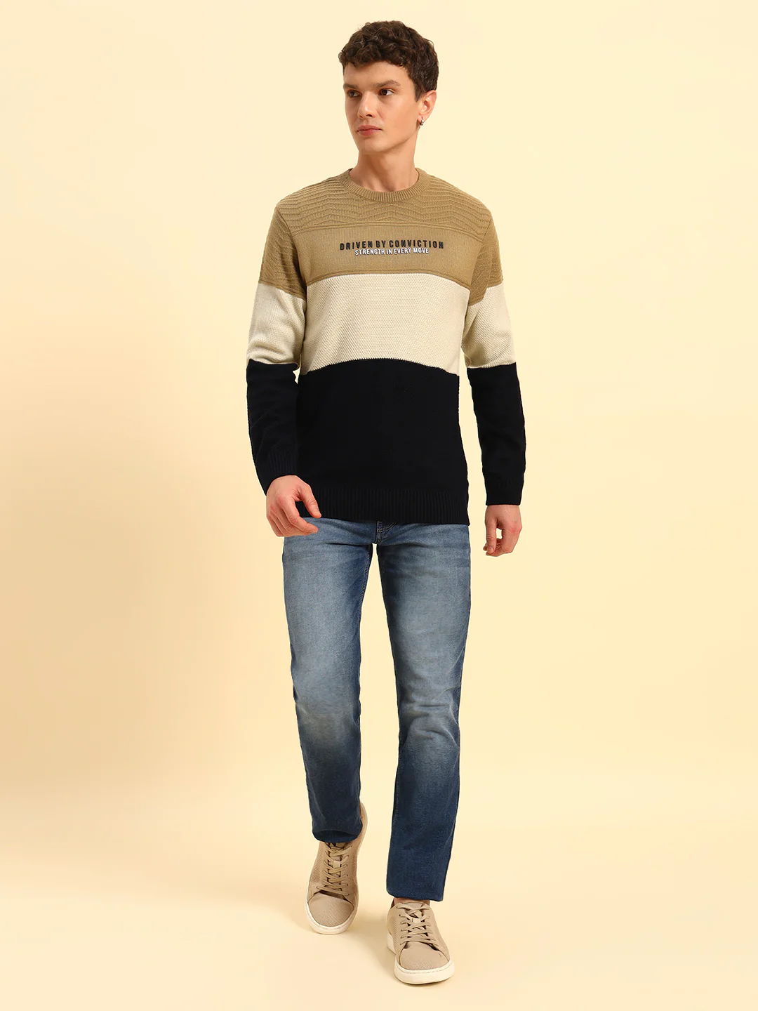 Sweater for Men | Winter Wear Acrylic Fabric Pull-On Closure Round Neck Regular Fit Colour Block Pattern - Image 2