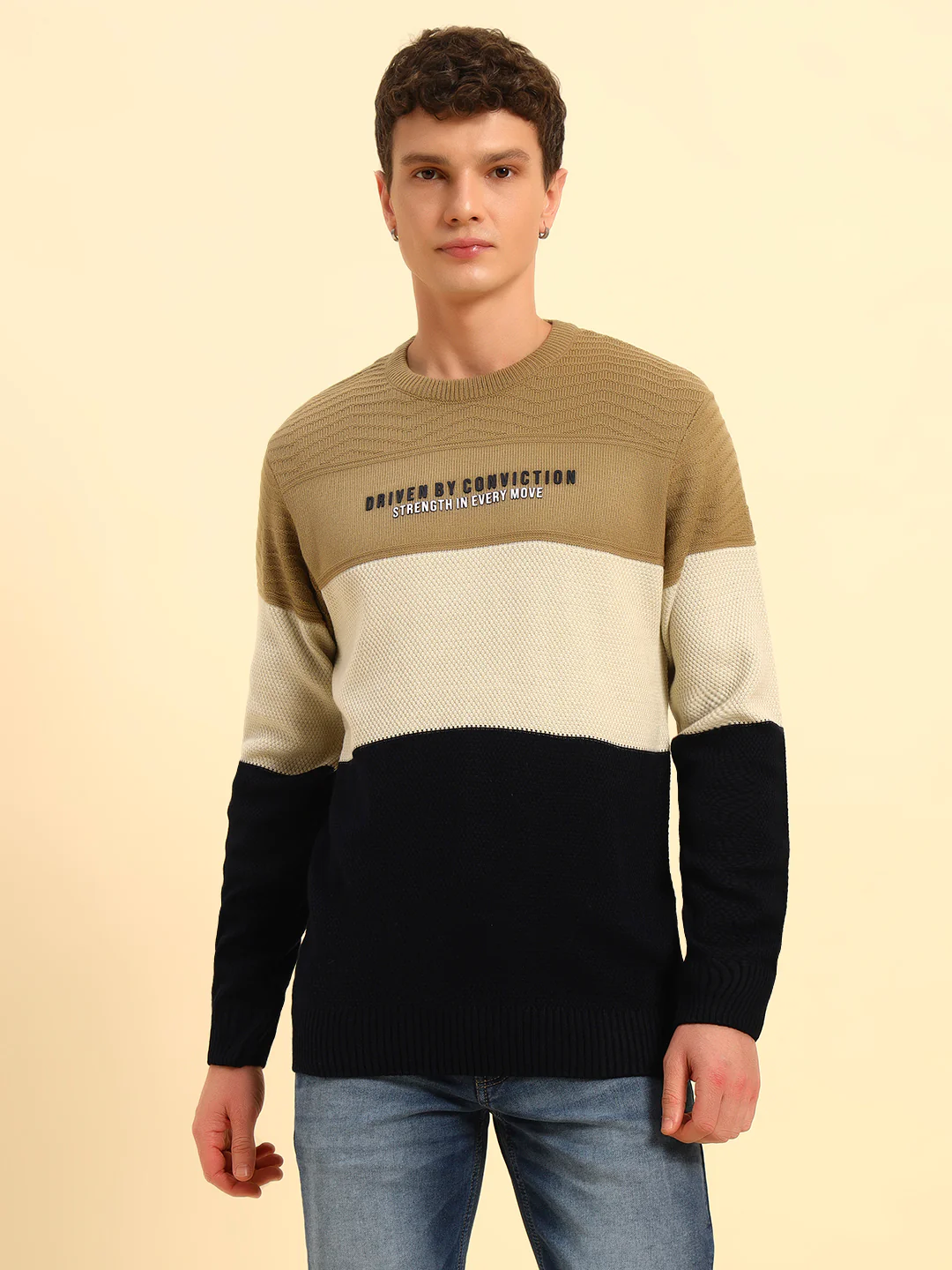 Sweater for Men | Winter Wear Acrylic Fabric Pull-On Closure Round Neck Regular Fit Colour Block Pattern - Image 3