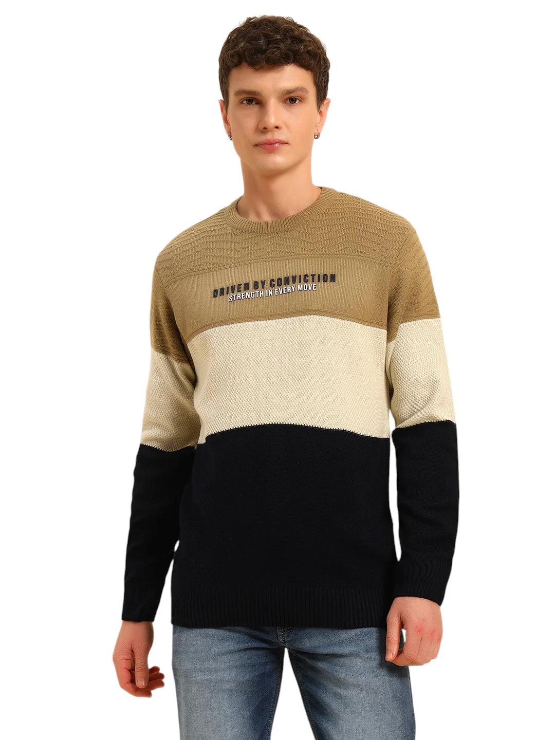 Sweater for Men | Winter Wear Acrylic Fabric Pull-On Closure Round Neck Regular Fit Colour Block Pattern - Image 4