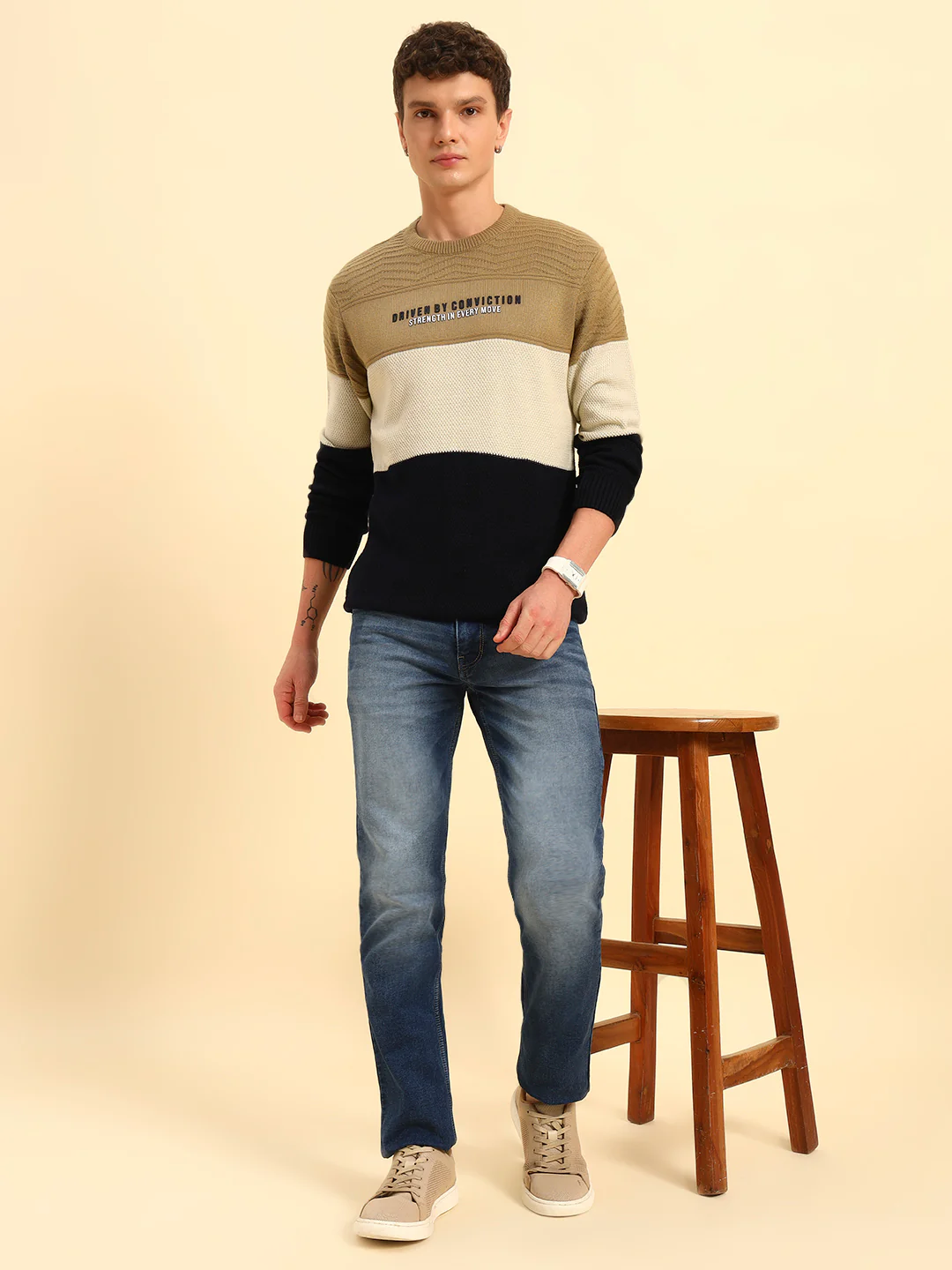 Sweater for Men | Winter Wear Acrylic Fabric Pull-On Closure Round Neck Regular Fit Colour Block Pattern - Image 9