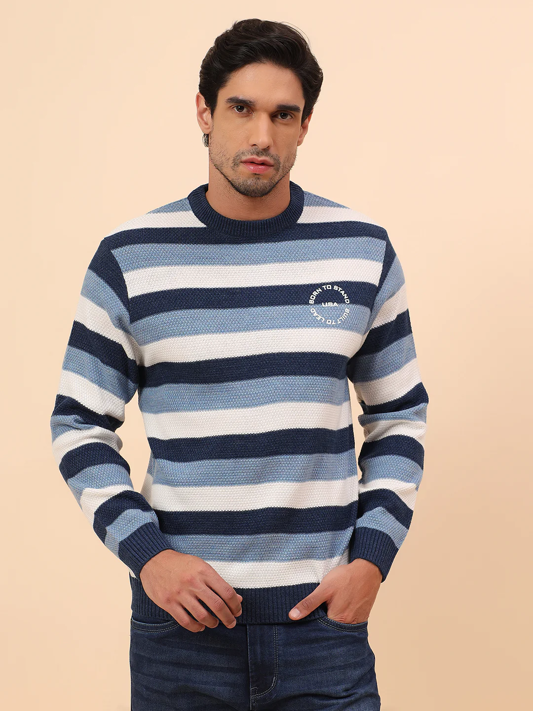 Sweater for Men | Winter Wear Acrylic Fabric Pull-On Closure Round Neck Regular Fit Striped Pattern - Image 3