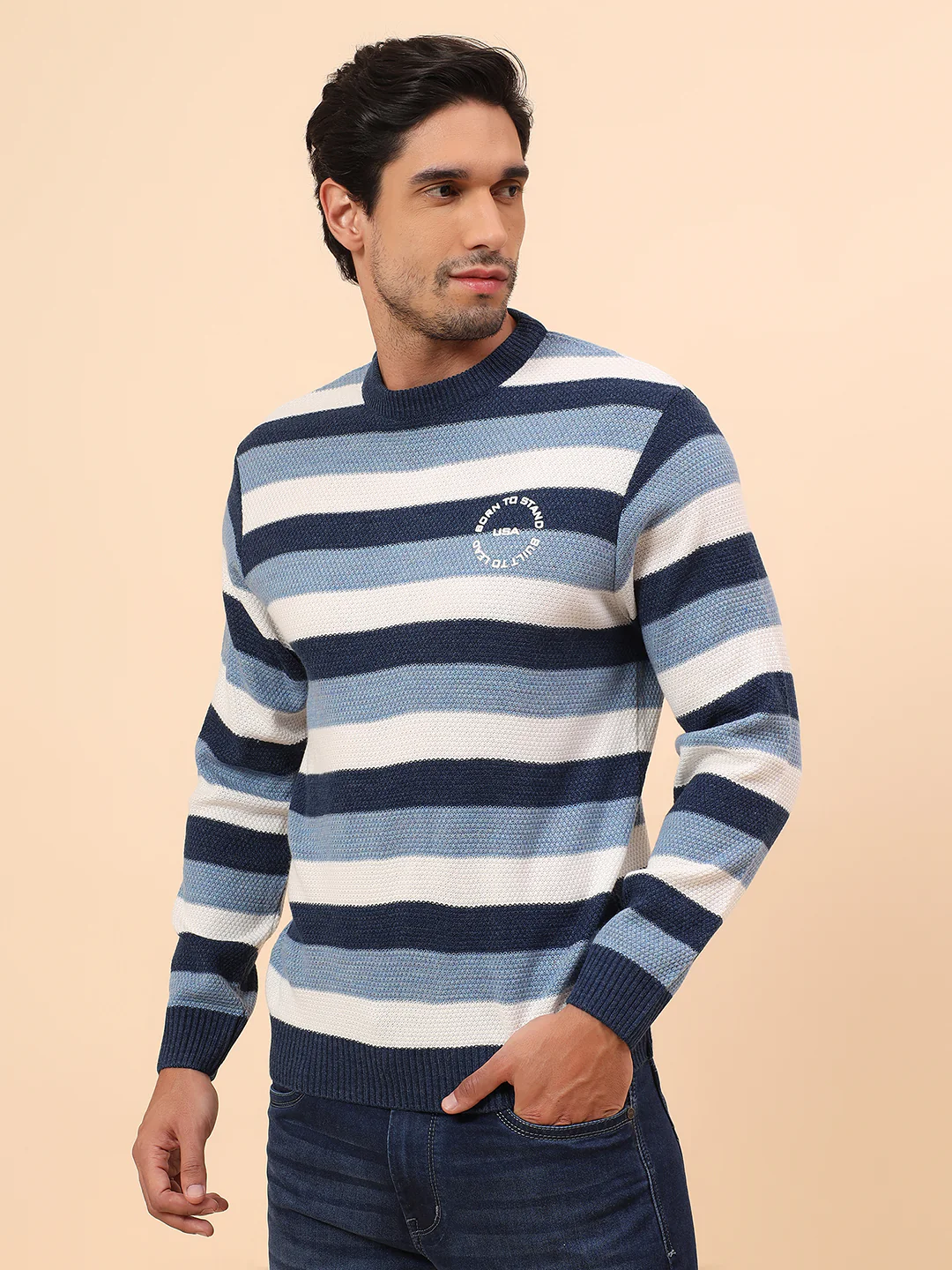 Sweater for Men | Winter Wear Acrylic Fabric Pull-On Closure Round Neck Regular Fit Striped Pattern - Image 4