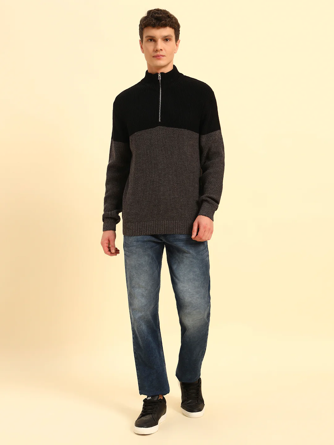 Sweater for Men | Winter Wear Acrylic Fabric Zipper Closure Mock Neck Regular Fit Colour Block Pattern - Image 2