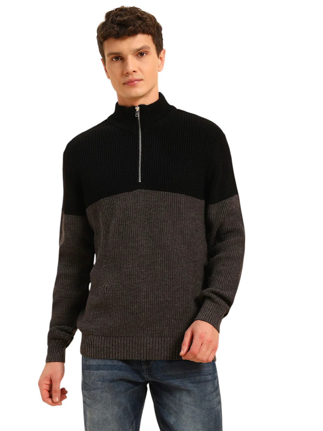 Sweater for Men | Winter Wear Acrylic Fabric Zipper Closure Mock Neck Regular Fit Colour Block Pattern - Image 3
