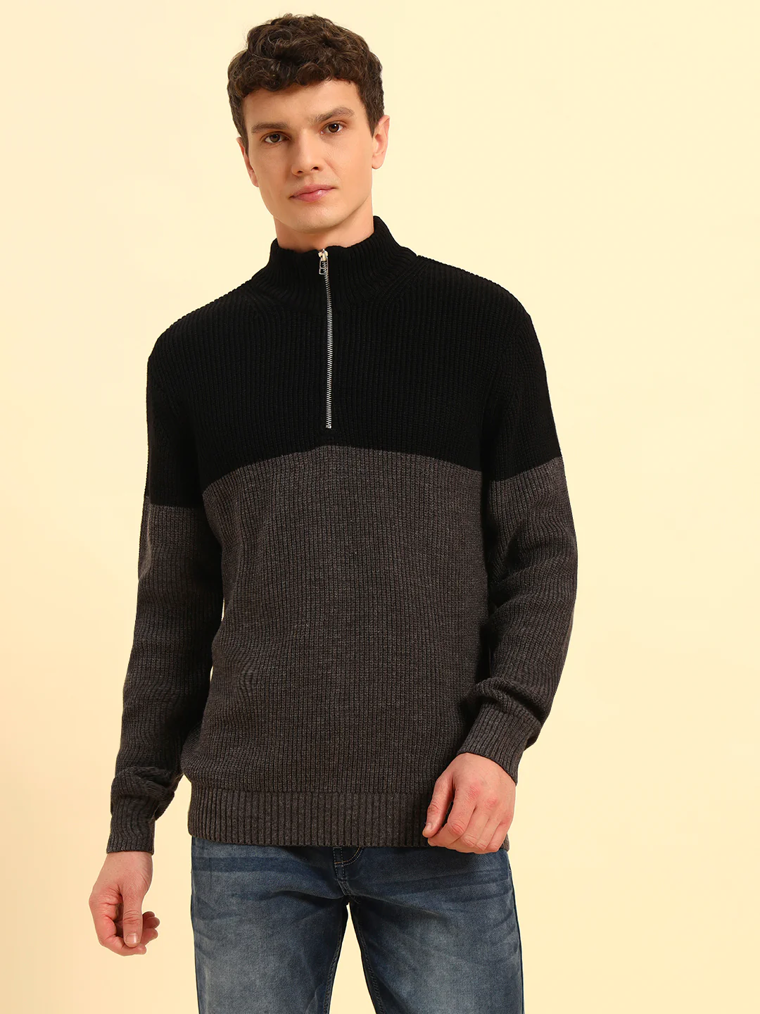 Sweater for Men | Winter Wear Acrylic Fabric Zipper Closure Mock Neck Regular Fit Colour Block Pattern - Image 4