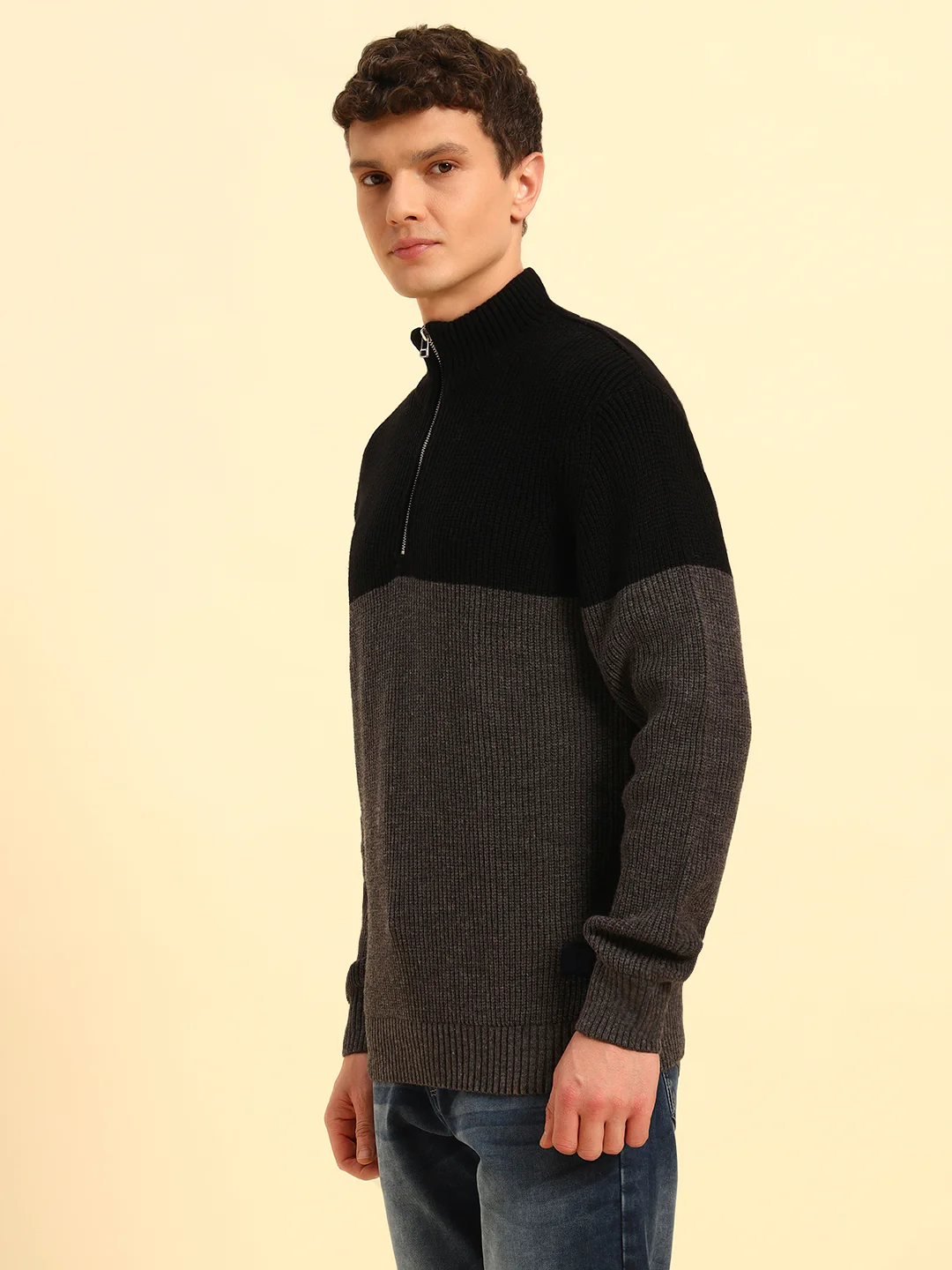 Sweater for Men | Winter Wear Acrylic Fabric Zipper Closure Mock Neck Regular Fit Colour Block Pattern - Image 5