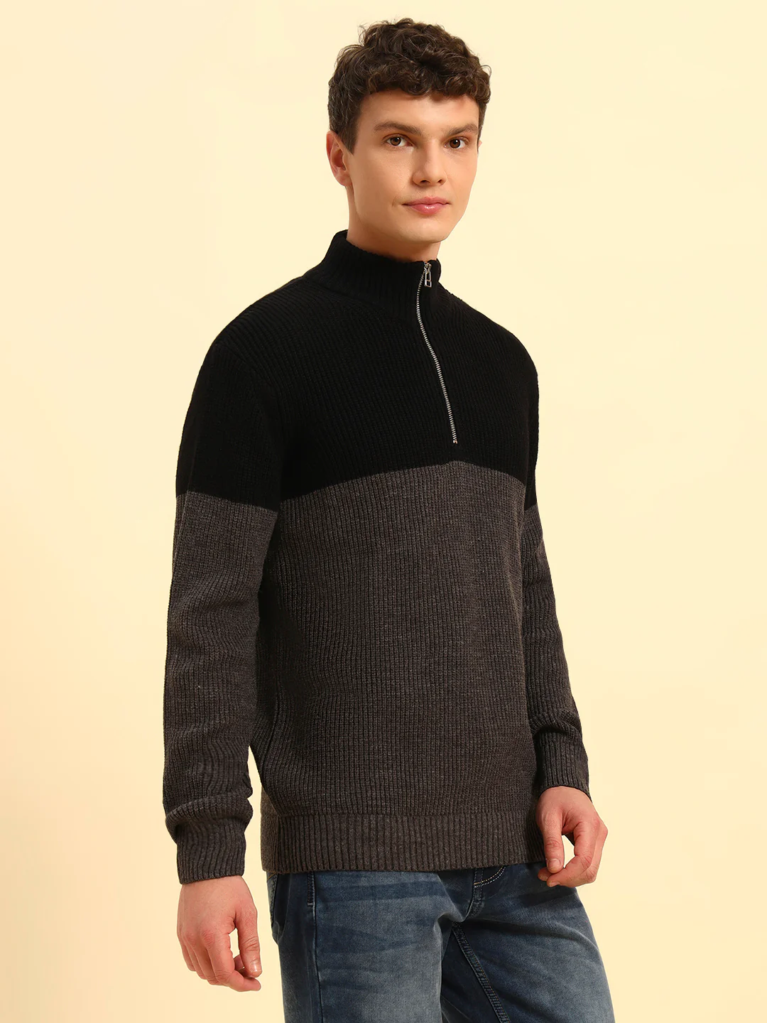 Sweater for Men | Winter Wear Acrylic Fabric Zipper Closure Mock Neck Regular Fit Colour Block Pattern - Image 6