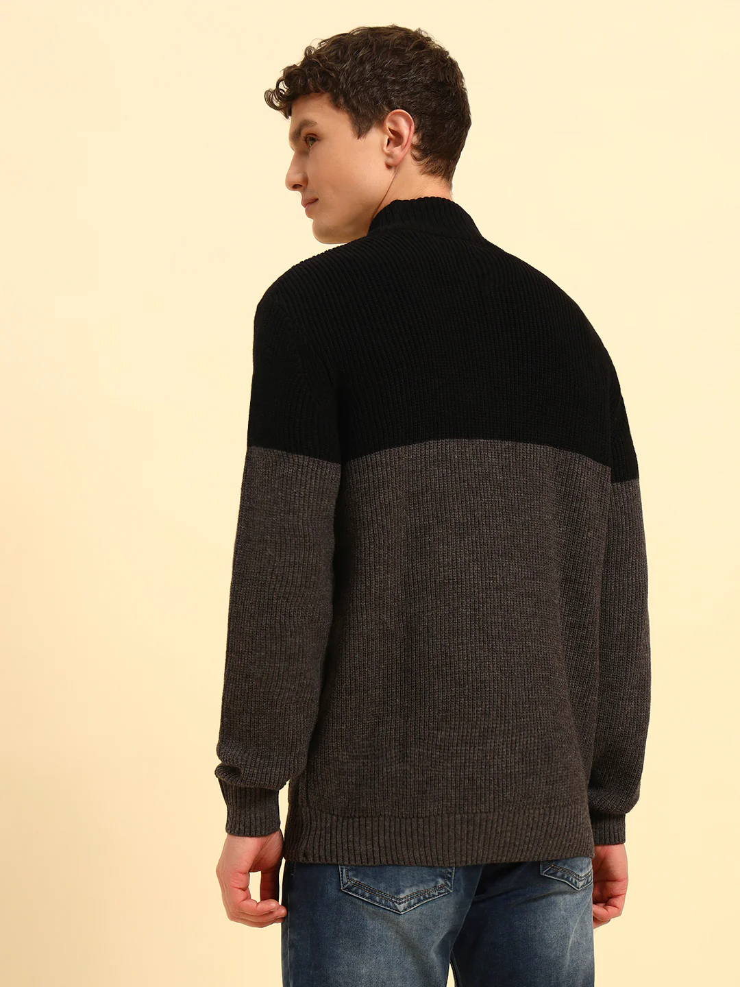 Sweater for Men | Winter Wear Acrylic Fabric Zipper Closure Mock Neck Regular Fit Colour Block Pattern - Image 7