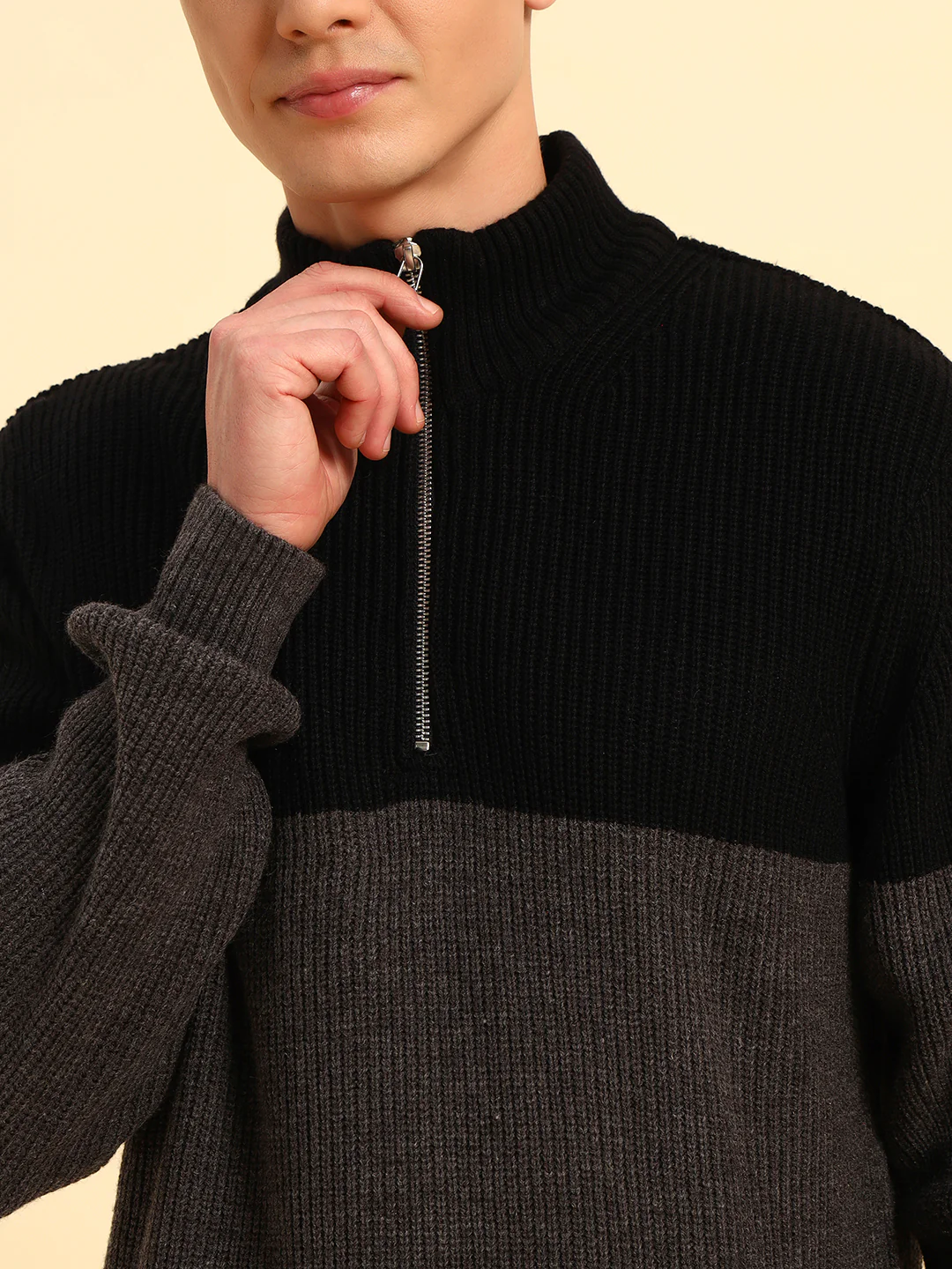 Sweater for Men | Winter Wear Acrylic Fabric Zipper Closure Mock Neck Regular Fit Colour Block Pattern - Image 8