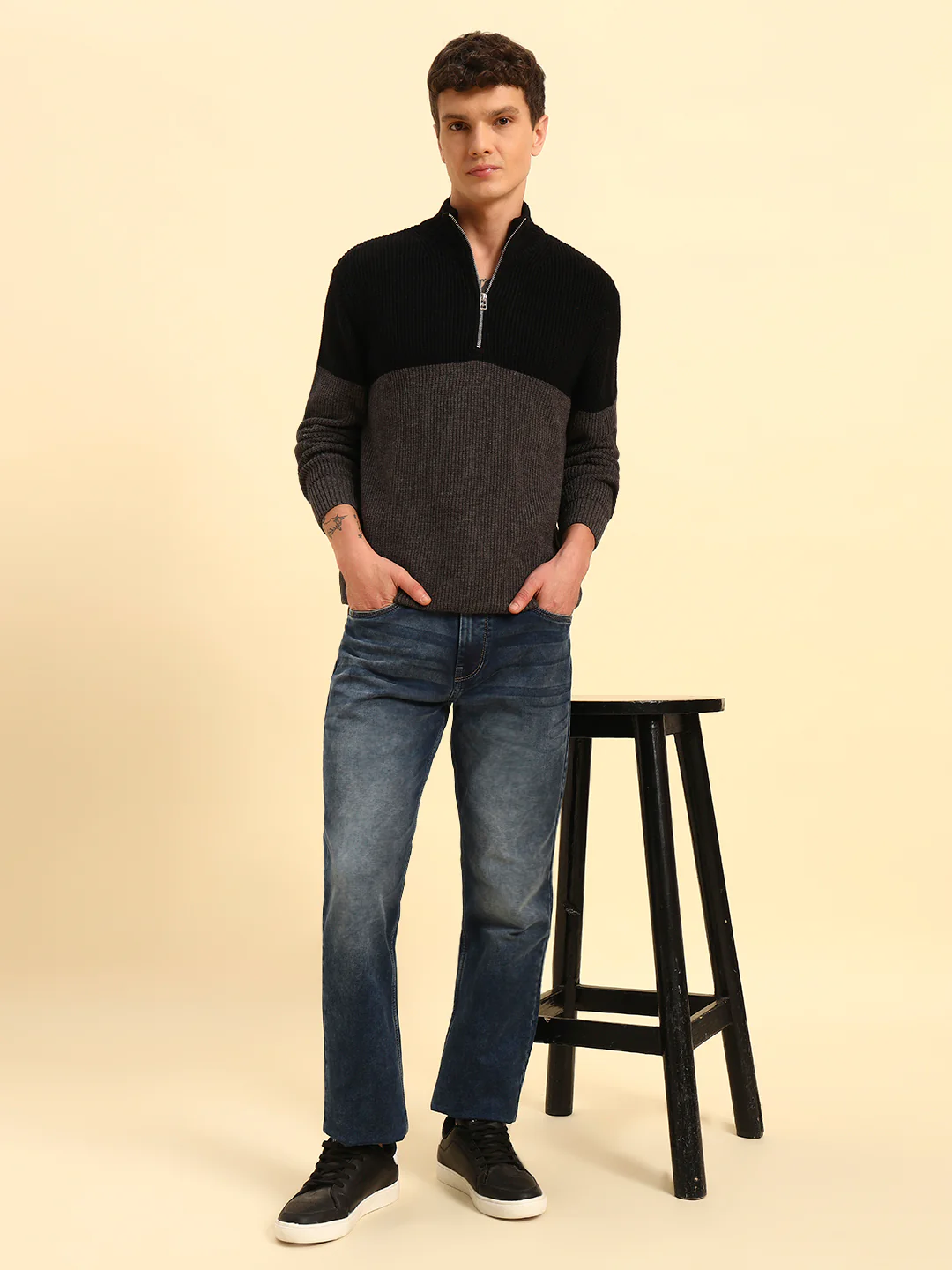 Sweater for Men | Winter Wear Acrylic Fabric Zipper Closure Mock Neck Regular Fit Colour Block Pattern - Image 9