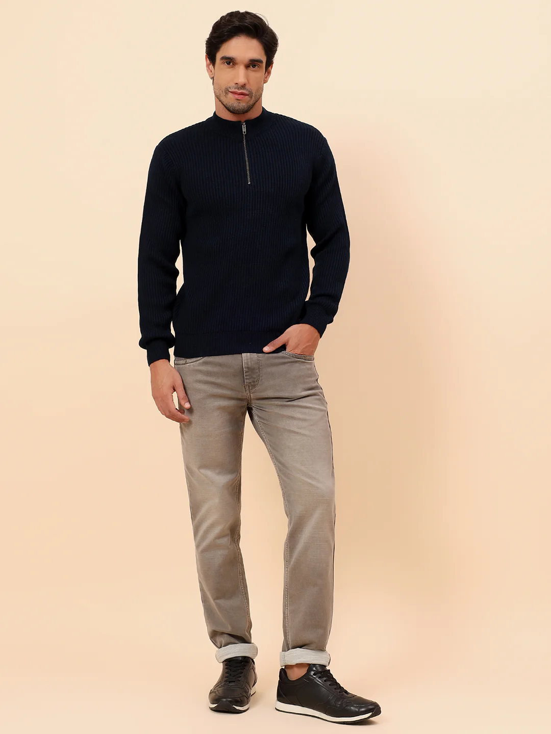 Sweater for Men | Winter Wear Acrylic Fabric Zipper Closure Mock Neck Regular Fit Self Design Pattern - Image 2