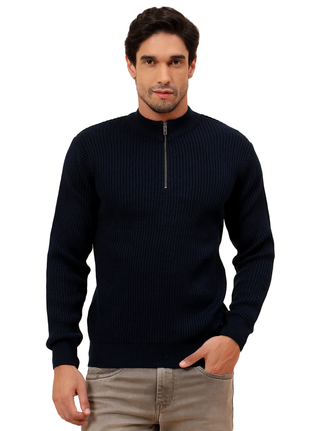 Sweater for Men | Winter Wear Acrylic Fabric Zipper Closure Mock Neck Regular Fit Self Design Pattern - Image 3