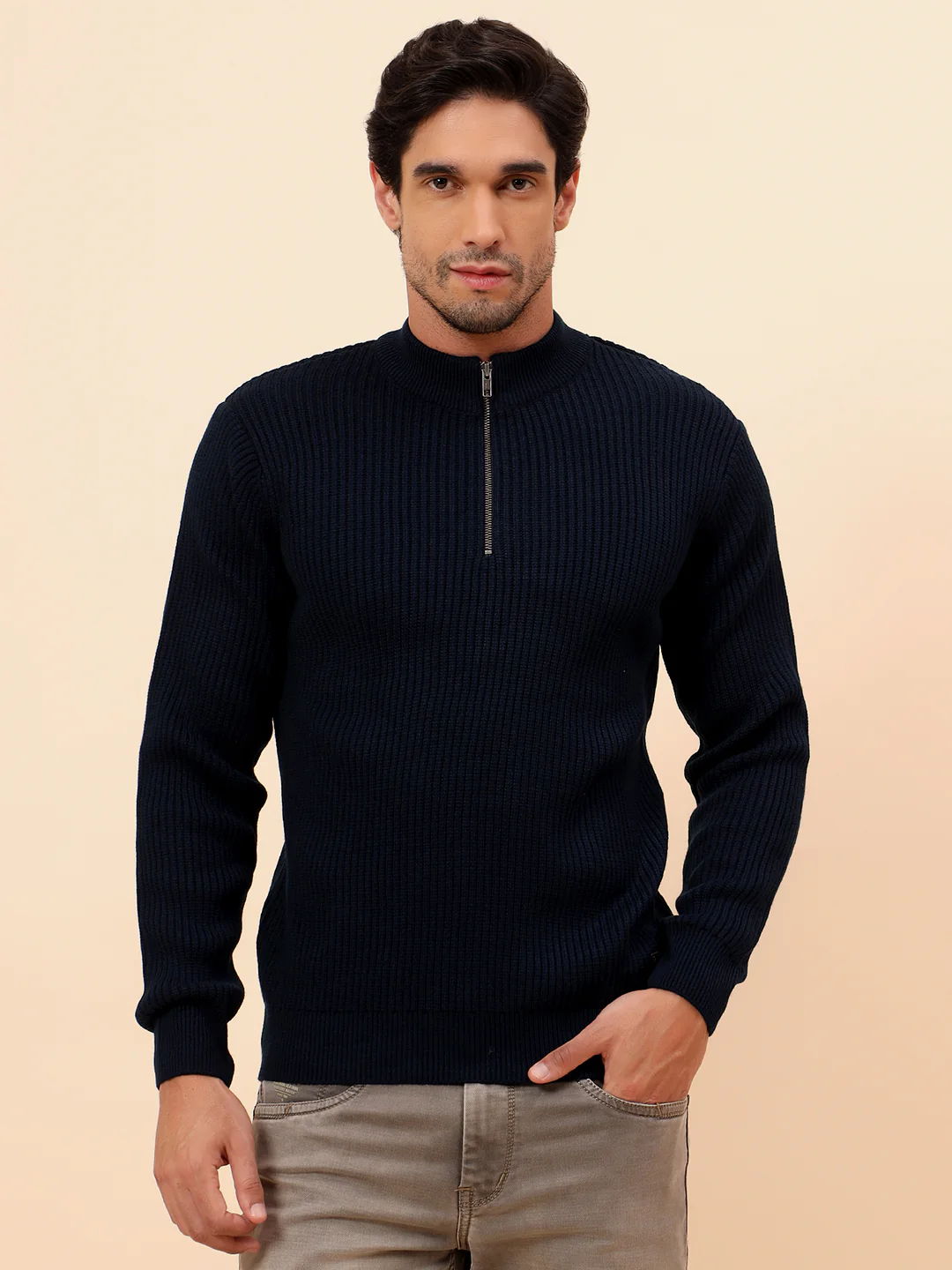 Sweater for Men | Winter Wear Acrylic Fabric Zipper Closure Mock Neck Regular Fit Self Design Pattern - Image 4