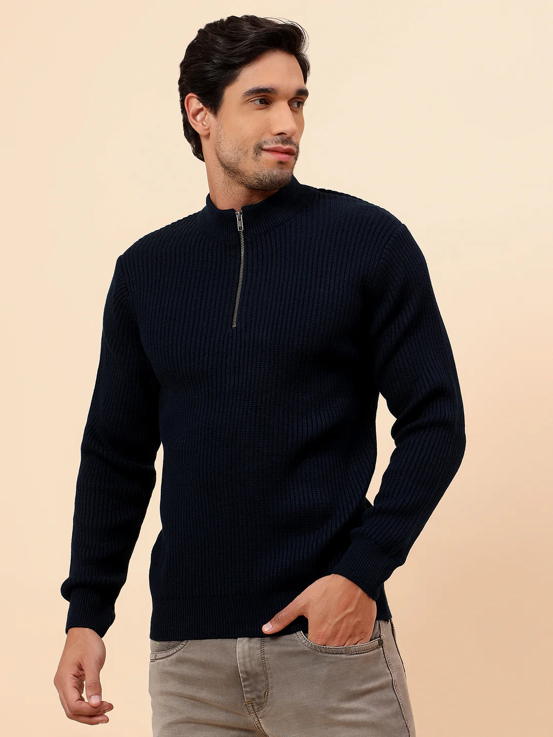 Sweater for Men | Winter Wear Acrylic Fabric Zipper Closure Mock Neck Regular Fit Self Design Pattern - Image 6
