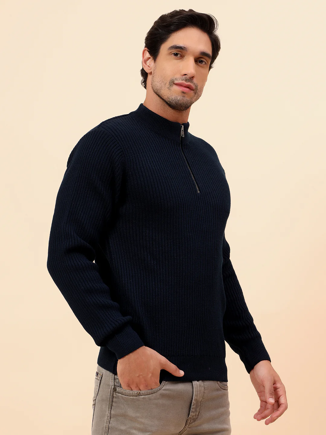 Sweater for Men | Winter Wear Acrylic Fabric Zipper Closure Mock Neck Regular Fit Self Design Pattern - Image 9