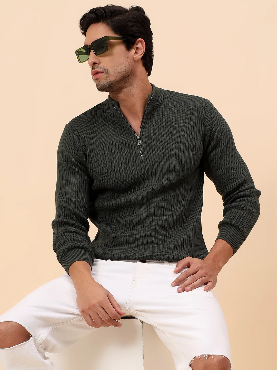 Sweater for Men | Winter Wear Acrylic Fabric Zipper Closure Mock Neck Regular Fit Self Design Pattern - Image 2