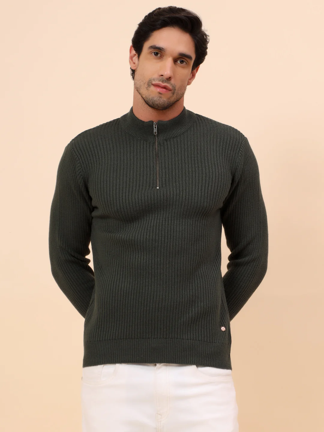 Sweater for Men | Winter Wear Acrylic Fabric Zipper Closure Mock Neck Regular Fit Self Design Pattern - Image 3