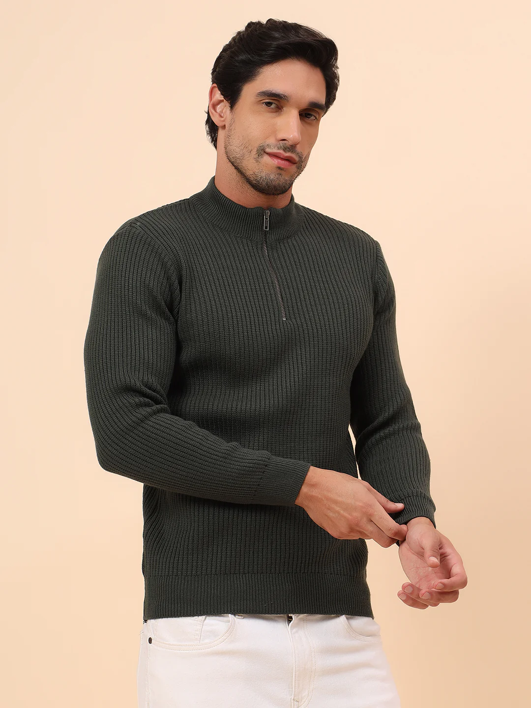 Sweater for Men | Winter Wear Acrylic Fabric Zipper Closure Mock Neck Regular Fit Self Design Pattern - Image 5