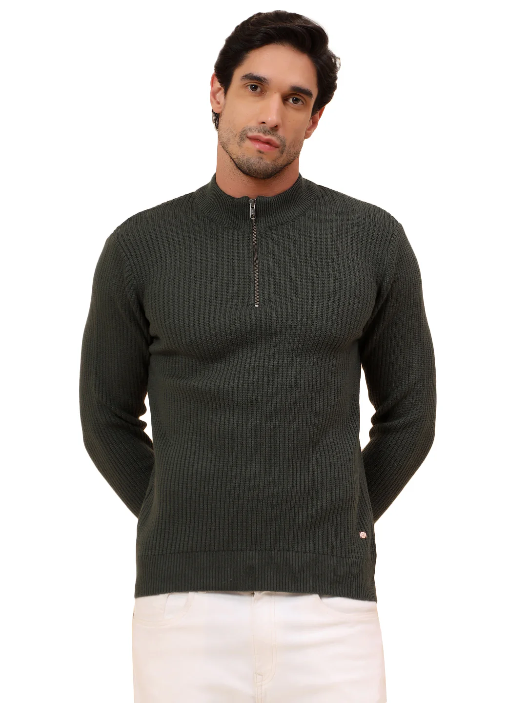 Sweater for Men | Winter Wear Acrylic Fabric Zipper Closure Mock Neck Regular Fit Self Design Pattern - Image 9