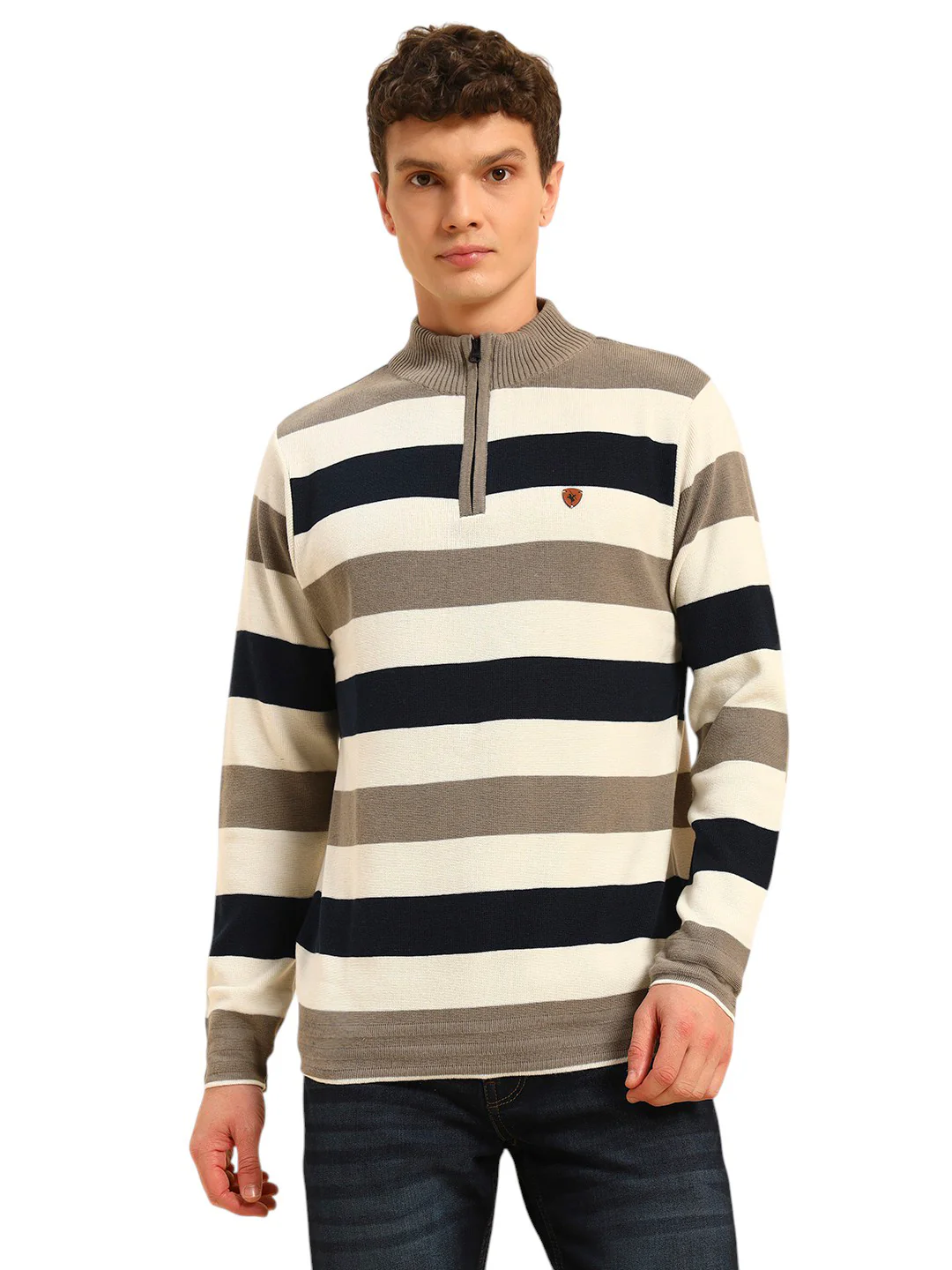 Sweater for Men | Winter Wear Acrylic Fabric Zipper Closure Mock Neck Regular Fit Striped Pattern - Image 2