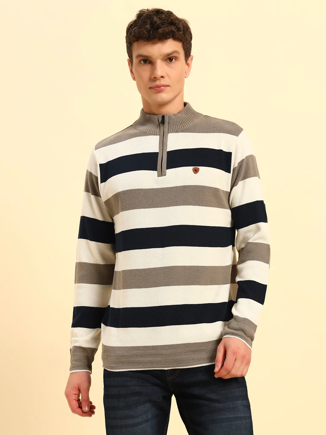 Sweater for Men | Winter Wear Acrylic Fabric Zipper Closure Mock Neck Regular Fit Striped Pattern - Image 3