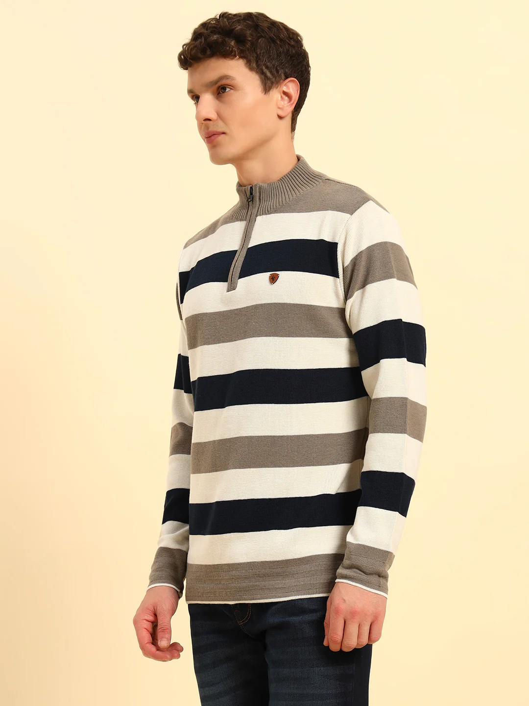 Sweater for Men | Winter Wear Acrylic Fabric Zipper Closure Mock Neck Regular Fit Striped Pattern - Image 4