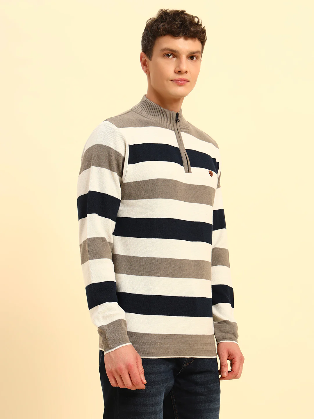 Sweater for Men | Winter Wear Acrylic Fabric Zipper Closure Mock Neck Regular Fit Striped Pattern - Image 5