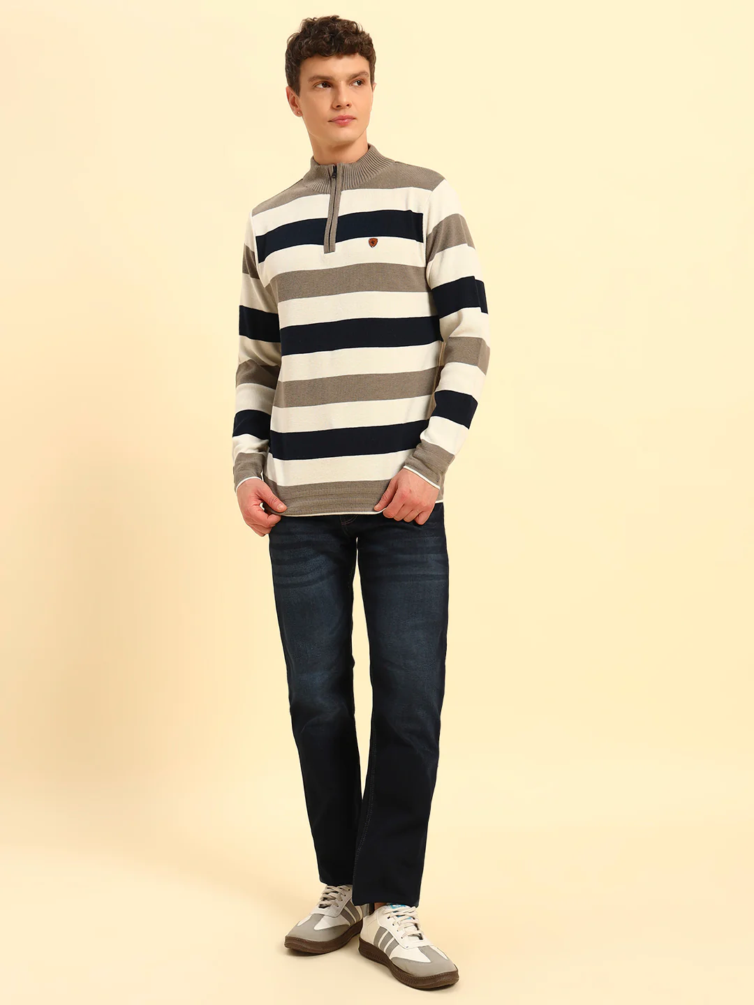 Sweater for Men | Winter Wear Acrylic Fabric Zipper Closure Mock Neck Regular Fit Striped Pattern - Image 6