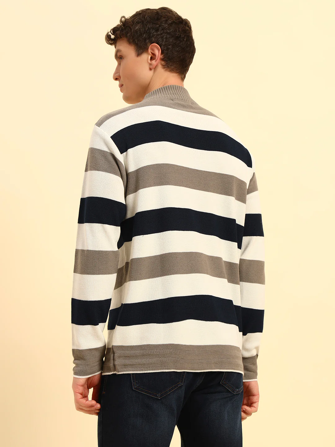 Sweater for Men | Winter Wear Acrylic Fabric Zipper Closure Mock Neck Regular Fit Striped Pattern - Image 7