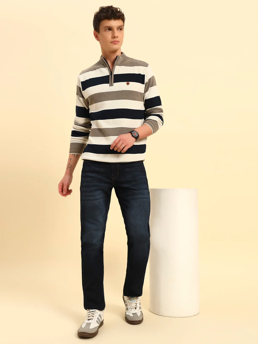 Sweater for Men | Winter Wear Acrylic Fabric Zipper Closure Mock Neck Regular Fit Striped Pattern - Image 9