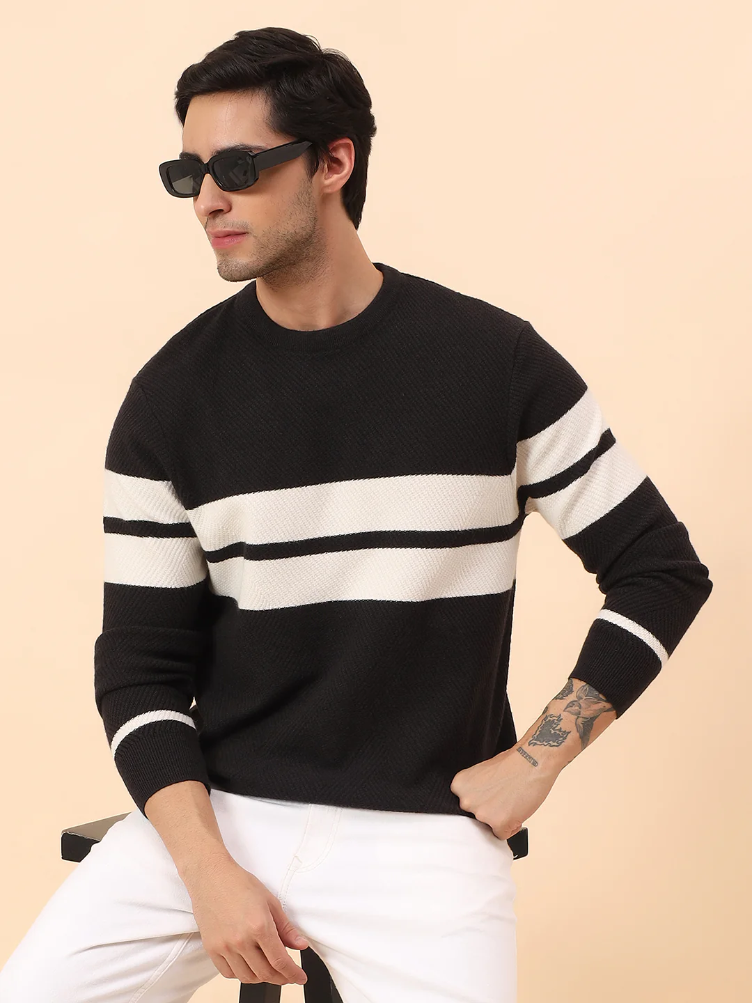 Sweater for Men | Winter Wear Fancy Fabric Pull-On Closure Round Neck Regular Fit Striped Pattern - Image 2