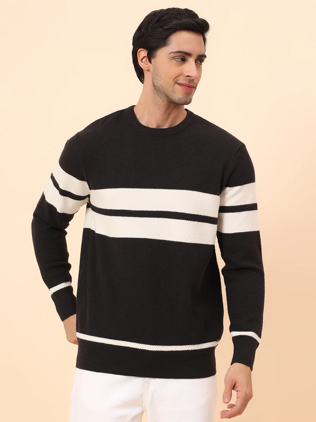 Sweater for Men | Winter Wear Fancy Fabric Pull-On Closure Round Neck Regular Fit Striped Pattern - Image 3