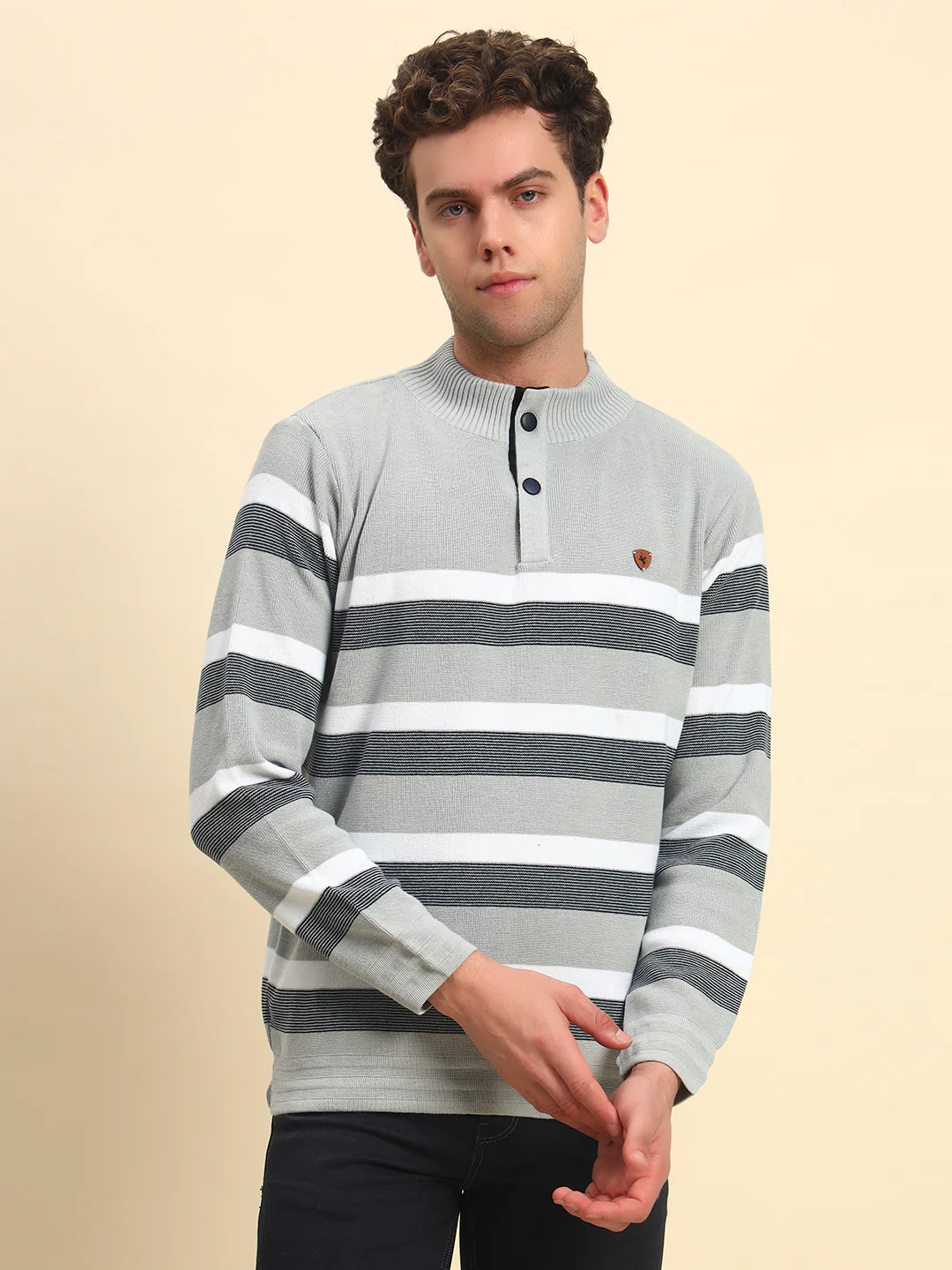 Sweater for Men | Winter Wear Poly Cotton Fabric Button Closure Mock Neck Regular Fit Striped Pattern - Image 2
