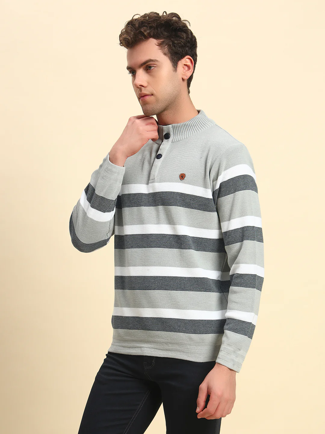 Sweater for Men | Winter Wear Poly Cotton Fabric Button Closure Mock Neck Regular Fit Striped Pattern - Image 3