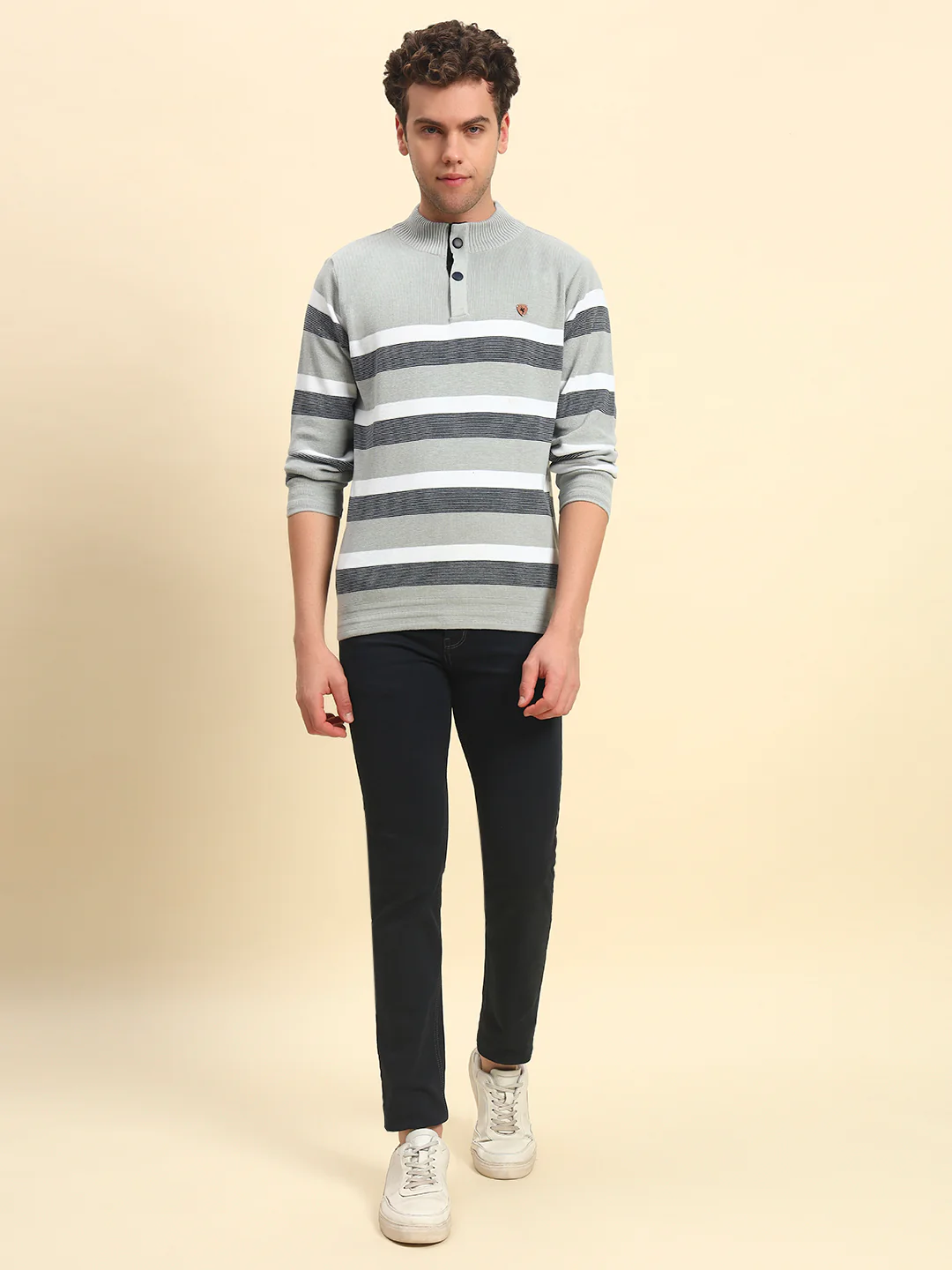 Sweater for Men | Winter Wear Poly Cotton Fabric Button Closure Mock Neck Regular Fit Striped Pattern - Image 4