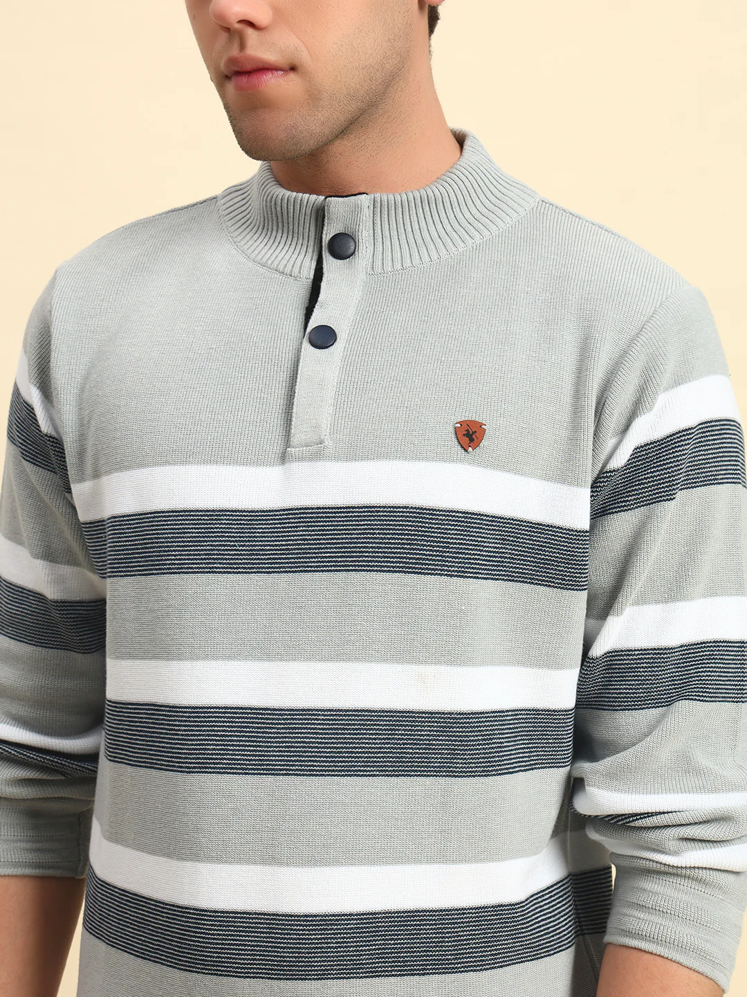Sweater for Men | Winter Wear Poly Cotton Fabric Button Closure Mock Neck Regular Fit Striped Pattern - Image 5