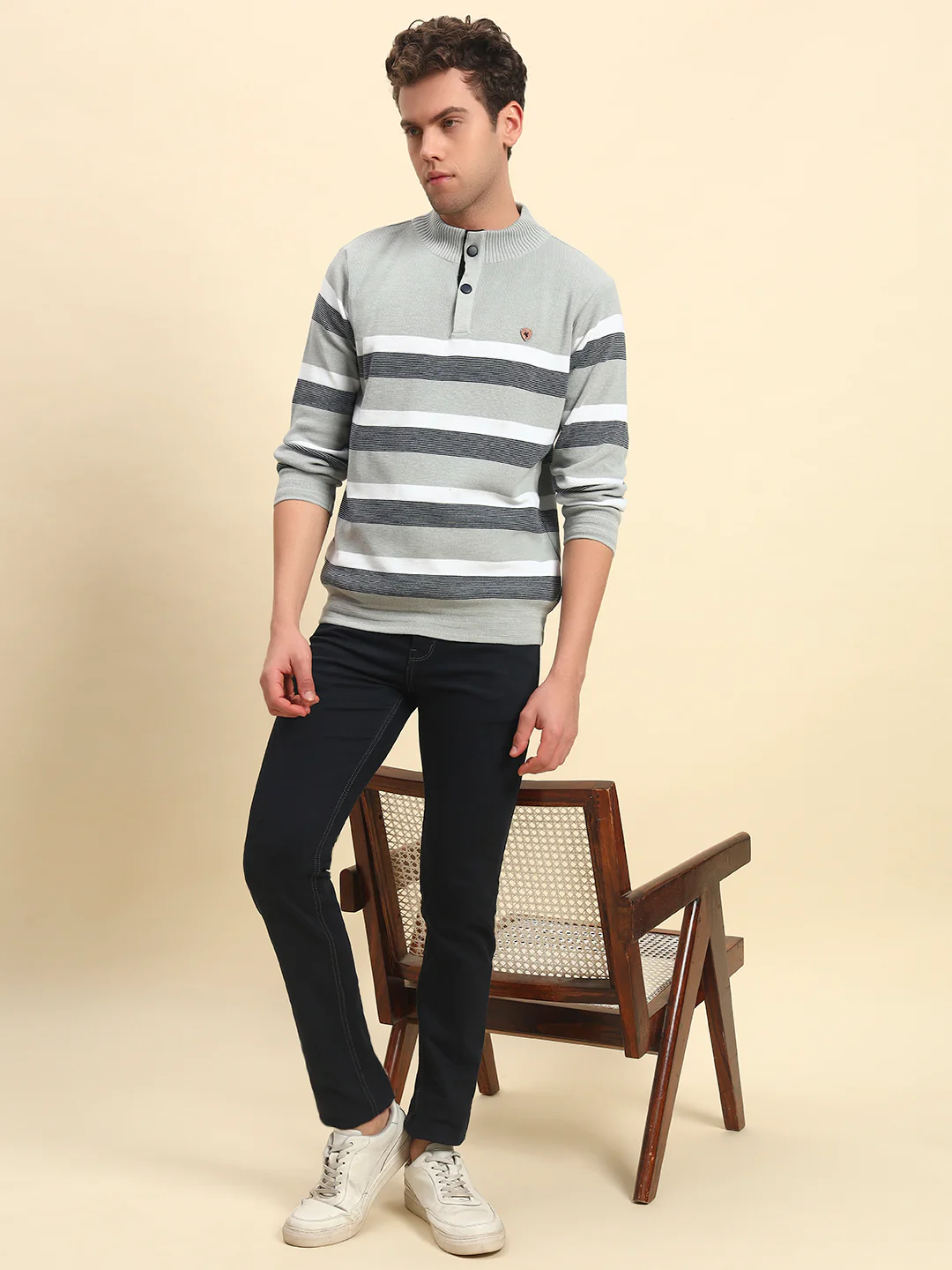 Sweater for Men | Winter Wear Poly Cotton Fabric Button Closure Mock Neck Regular Fit Striped Pattern - Image 6