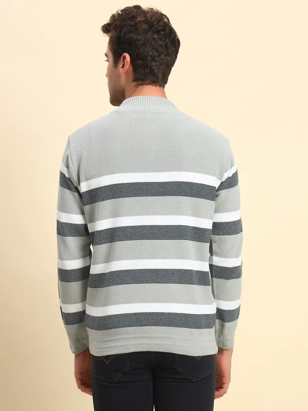 Sweater for Men | Winter Wear Poly Cotton Fabric Button Closure Mock Neck Regular Fit Striped Pattern - Image 7