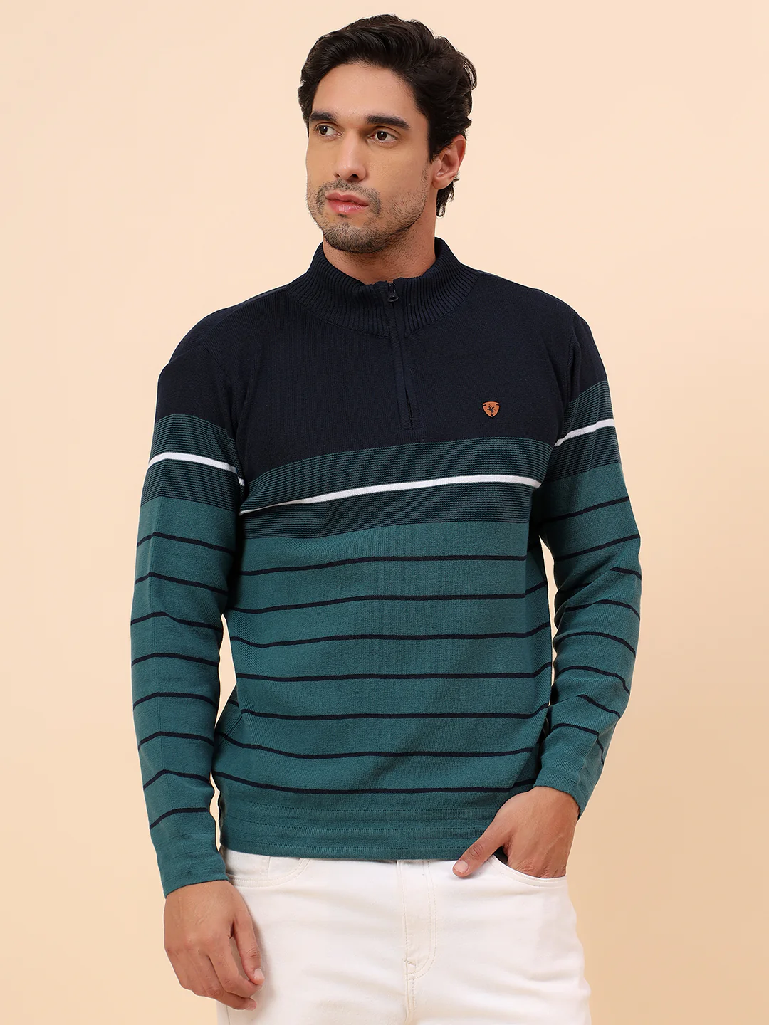 Sweater for Men | Winter Wear Polyester Fabric Zipper Closure Mock Neck Regular Fit Striped Pattern - Image 3