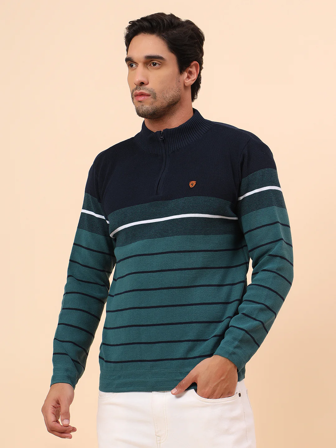 Sweater for Men | Winter Wear Polyester Fabric Zipper Closure Mock Neck Regular Fit Striped Pattern - Image 4
