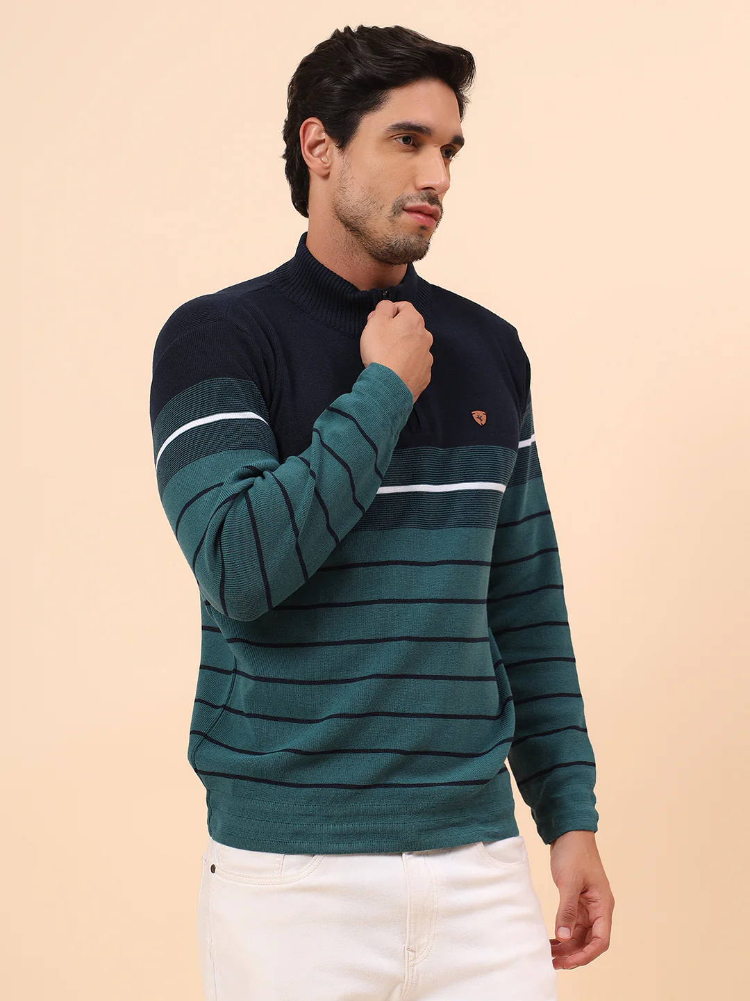 Sweater for Men | Winter Wear Polyester Fabric Zipper Closure Mock Neck Regular Fit Striped Pattern - Image 5
