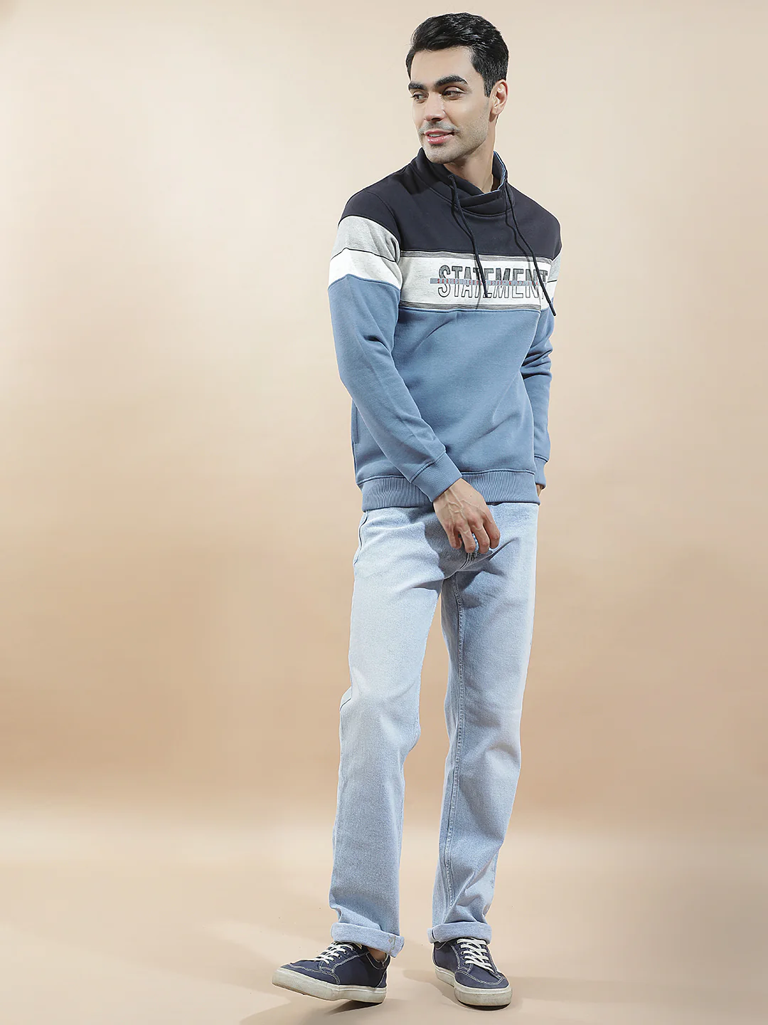 Sweatshirt for Men l Winter Wear Fleece Fabric Mandarin Collar Regular Fit Color Block Pattern - Image 2
