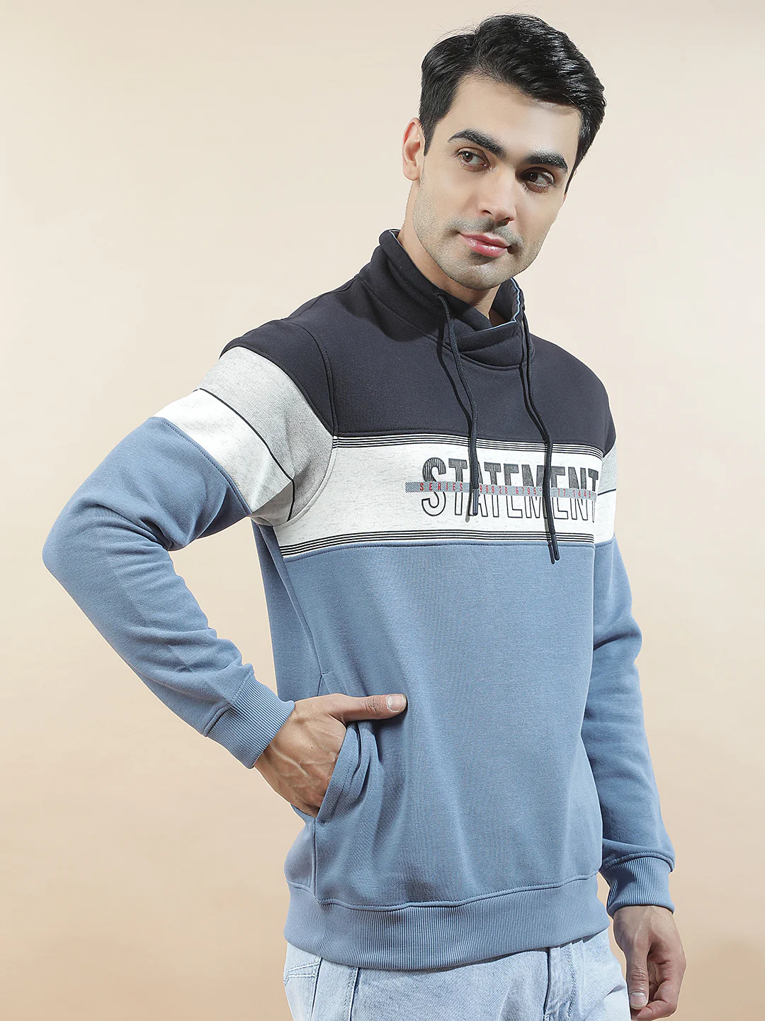 Sweatshirt for Men l Winter Wear Fleece Fabric Mandarin Collar Regular Fit Color Block Pattern - Image 7