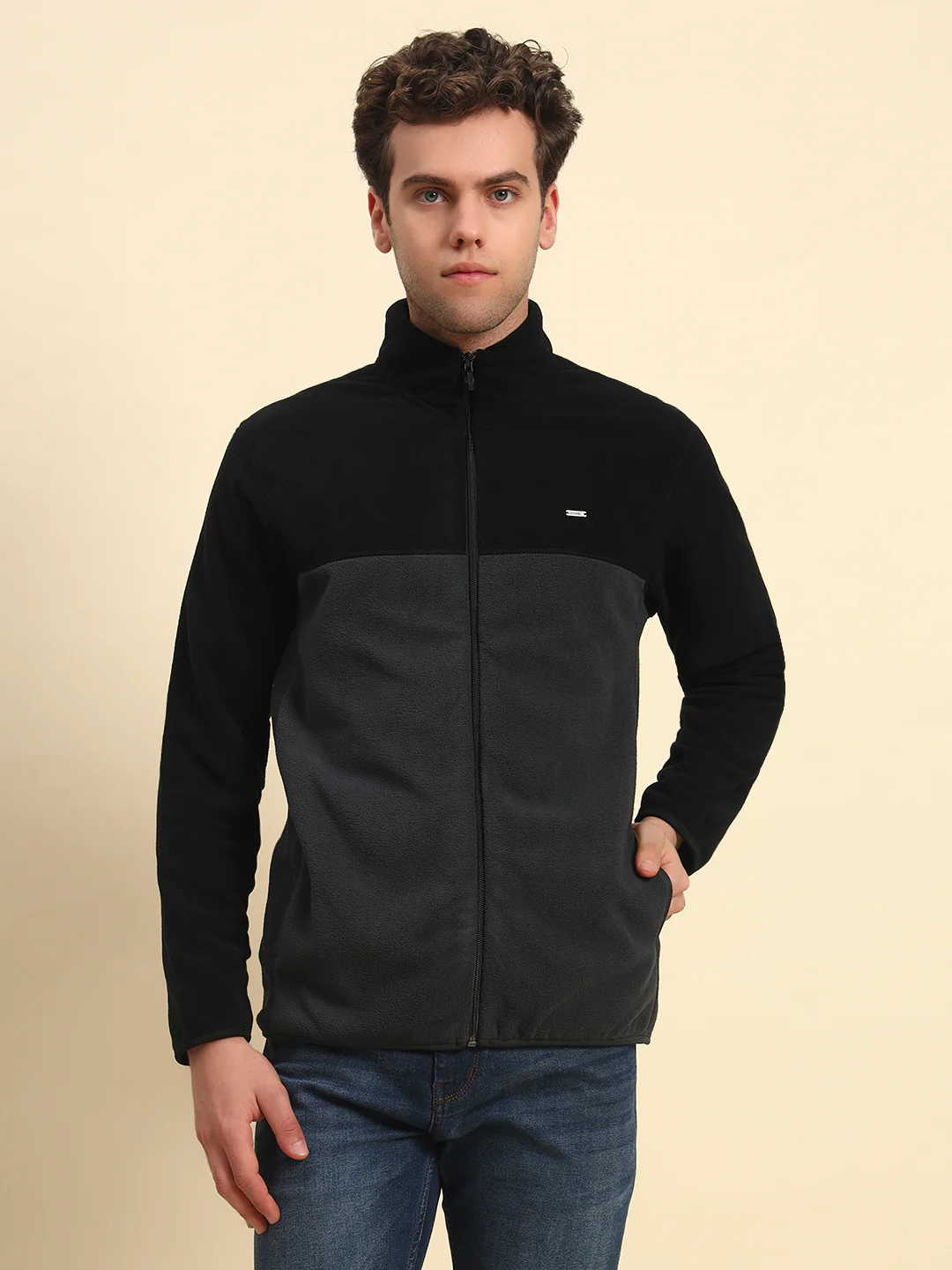 Sweatshirt for Men | Winter Wear Acrylic Fabric Zipper Closure Mock Neck Regular Fit Colour Block Pattern - Image 5